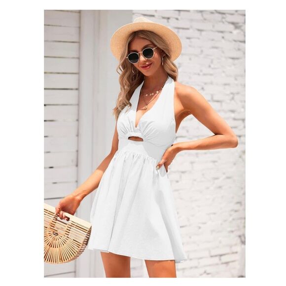No Brand Dresses & Skirts - White Summer Sleeveless Halter Backless Flared Mini Dress - Never Worn